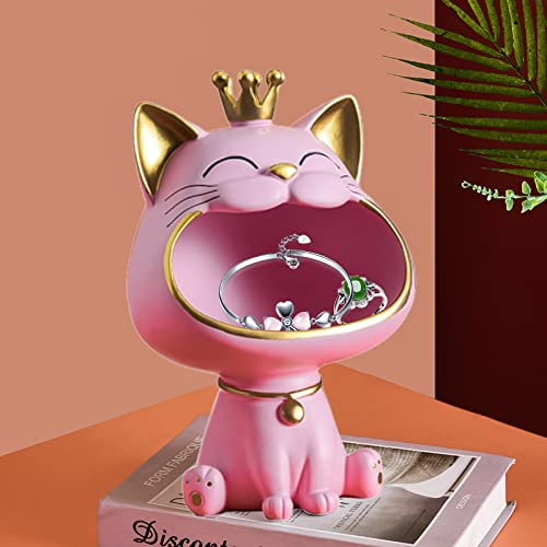 FIALAME Key Bowl for Entryway Table, Fortune Cat Statue Candy Dish for Office Desk Art Home Decor (Pink)