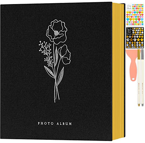 Lanpn Self Adhesive Photo Album Scrapbook 80 Pages, Linen Photos Albums DIY Sticky Magnetic Pages holds 6x4 7x5 A4 A5 Picture for Family Wedding Birthday (Small-40 Sheets/80 Pages, Black)
