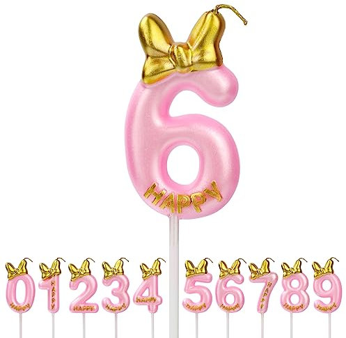Aomig Geburtstagskerzen Zahlen, Rosa Geburtstagskerze Zahlen für Torte , Zahlenkerze Kerzen Mädchen Geburtstag Kuchendeko Tortendekoration für Geburtstagsfeier Party (Zahl 6)
