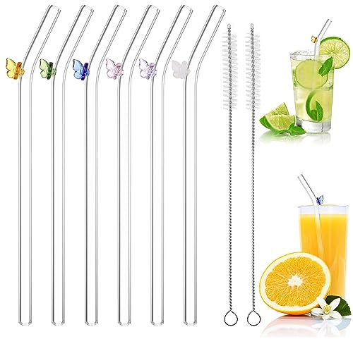 Strohhalme Glas, Wiederverwendbar Glas Strohhalm Lang, Trinkhalme Glas Gebogen mit Schmetterling für Säfte, Cocktails, Smoothie, Milch, Kaffee(6 Stück)