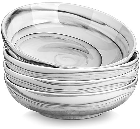 MALACASA Série REGULAR Bols à Pâtes en Porcelaine 1200 ml, 4 Grands Bols Ronds 21 cm pour Pâtes Salade Soupe, Assiettes Creuses en Marbre Gris pour Cuisine, Passe au Micro ondes et au Lave-vaisselle