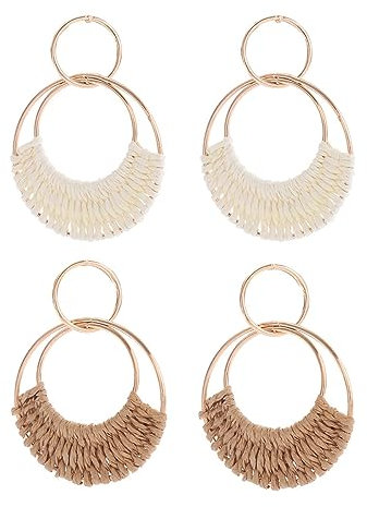 FDEETY 2 Pares Pendientes de Ratán Pendientes Boho de Verano Pendientes de Paja Hechos a Mano Pendientes de Playa de Verano para Mujer Niñas (Blanco + Caqui)