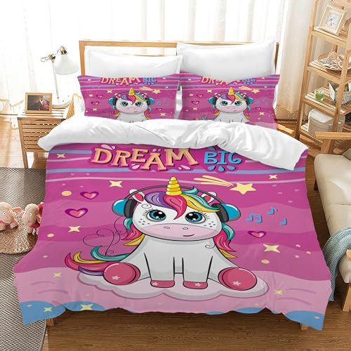 HZVRTN Kinder Bettwäsche Einhorn Bettwäsche Set für Mädchen, Soft Mikrofaser Bettbezug mit Reißverschluss Kissenbezug, 3D Einhorn Cartoon Bettwäscheset (135x200cm, Einhorn D)