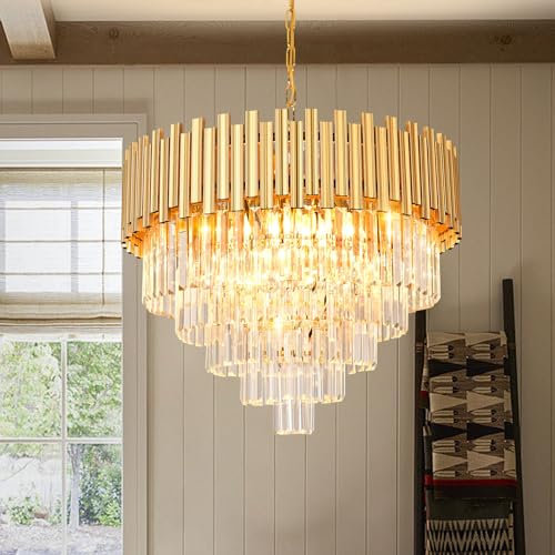 KUNYEEE Modern Kristall Pendelleuchte Gold Kronleuchter, Rund Kristall Hängeleuchte, Häengelampe für Wohnzimmer, Esszimmer,Schlafzimmer, Restaurant, E14 x 8, Ø60 cm