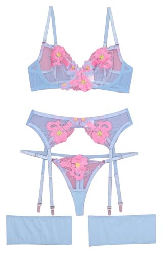 Aranmei Lingerie Set for Women 4 Piece Lingerie Set with Floral Embroidered Lace Sheer Underwire Bra with G-String Thigh Bands with Garter Belt Lingerie Set, Blue Pink, M
