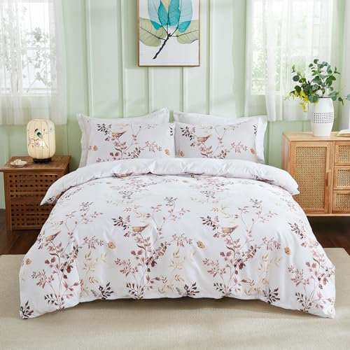 Herside White Flowers Duvet Cover Double Botanical Floral Bedding Yellow Birds Plants Printed Country Style Quilt Cover 1 Duvet Cover 2 Pillowcases (White Yellow,Double)