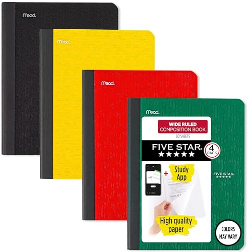 Five Star Composition Notebooks, 4 Stück, breit liniertes Papier, 24,5 x 19,5 cm, 80 Blatt, verschiedene Farben (950033B-ECM)