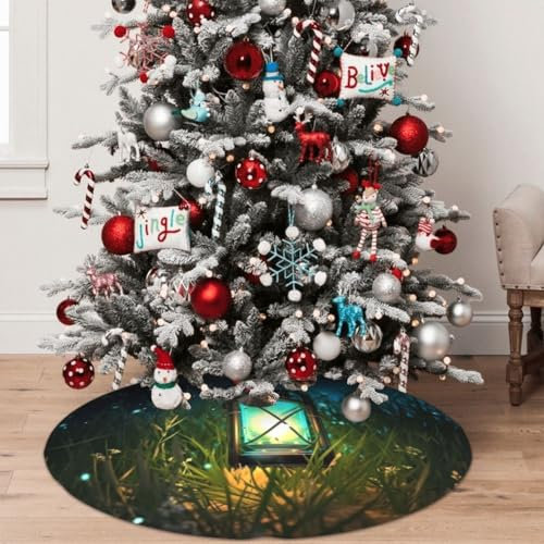 Weihnachtsbaumrock mit Glühwürmchen und Laterne, bedruckt, 91,4 cm, dicker Weihnachtsbaumschmuck für Weihnachtsfeier, festliche Dekorationen