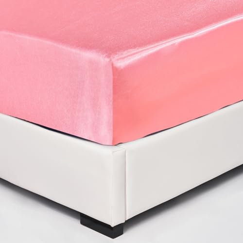 Wotcsil Satin Spannbettlaken 160x200cm Rosa für Matratze Boxspringbett Topper bis 30 cm Satin Seide Spannbetttuch Bettlaken Elastisch Deluxe Unifarben Spannbetttuch Polyester-Satin