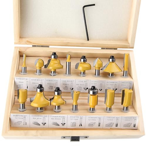 SPEEDWOX 15 Pieces Router Bits Set 1/4” Router Bit Shank Tungsten Carbide Router Bits with Storage Case Chamfer Router Bits for Woodworking on Wood For Tables Doors Cabinets Shelves