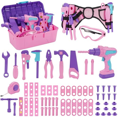 Cassetta degli attrezzi per bambini dai 3 anni in su, 67 attrezzi per bambini con avvitatore a batteria/cintura degli attrezzi, cassetta degli attrezzi per bambini a partire dai 3 ai 7 anni in su