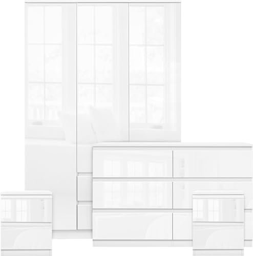 Blisswood High Gloss 4 Piece Bedroom Set With 3 Door Wardrobe & 6 Drawer Chest of Drawer + 2 Drawer 2 Bedside Table Cabinet Bedroom Furniture Set for Bedroom Storage furniture (White)