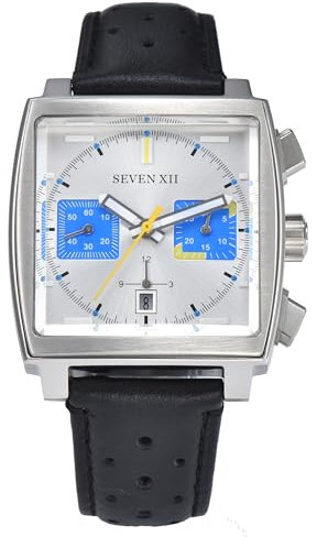 SEVEN XII Quadratische Automatik-Chronograph-Uhr für Herren, selbstaufziehend, Saphirglas, Business, klassisch, leuchtend, Sport-Armbanduhr mit Lederband, S003, silber, Modern