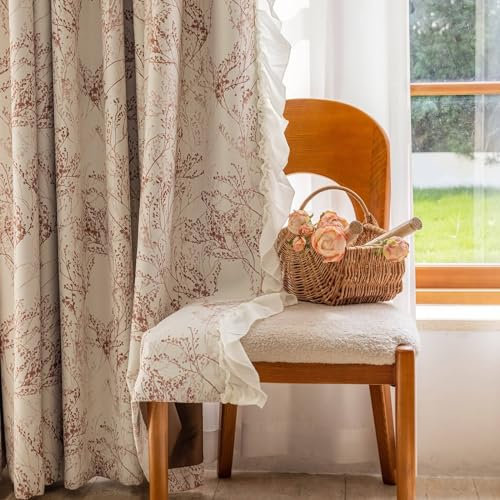 Mesnt Gardine Schlafzimmer Lang, Beige dunkelrot Gemustert Rüschenkanten Thermoisolierte Verdunkelungsvorhänge mit Ösen für Schlafzimmer137 x 229 cm