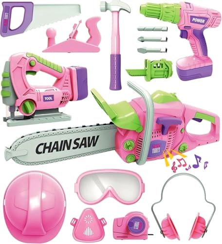 ANYCESO Toy Tool Set for Kids, Toddler Construction Toys with Drill, Chainsaw, Helmet, 3+ Years (PINK)