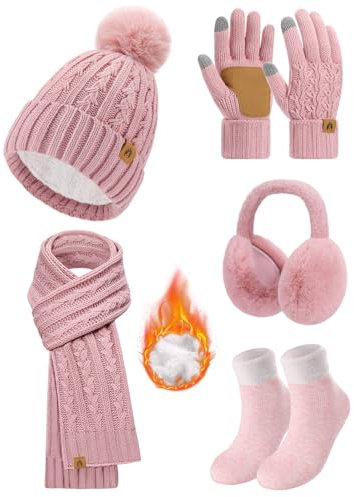 Niwicee Mütze Schal Damen Fleece Gefütterte Wintermütze Winter Wärmer Touchscreen Handschuhe Strickmütze Set Ohrenwärmer Socken 5 Stücke Set Gestrickte Warm Beanie Winter Geschenk (Rosa)