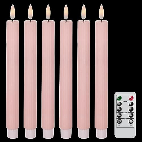 Eldnacele Pink LED Taper Candles with Remote Timer, 6 Pcs Battery Operated Flameless Tapers, Real Wax Fake Candles for Christmas Decorations