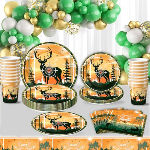 61 pezzi di stoviglie per feste di animali, festa di compleanno per bambini a tema alce, include piatti di carta, bicchieri di carta, tovaglie e tovaglioli