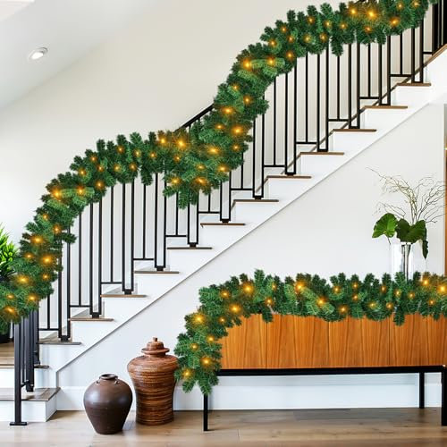 Vigevee 2er 5m Weihnachtsgirlande mit Beleuchtung, Tannengirlande Künstlich mit 100 LEDs Warmweiß 8 Leuchteffekte, Weihnachtsdeko Girlande für Innen und Außen, Stairs, Fireplace