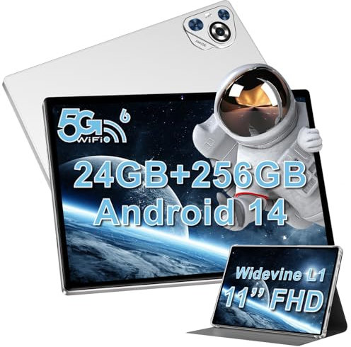 JUEDUR Tablet Android 14 Tablet 11 Pulgadas Tablets 256GB RAM+24 GB RAM (1TB TF), 8000 mAh / 13MP + 5MP / Widevine L1 / 5G Wi-Fi6 / Octa Core 2.0 GHz, Face ID,1280 x 800 HD/Funda - Plateado