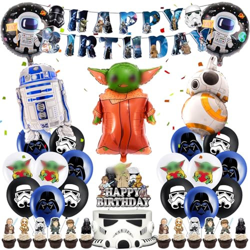 Luftballons Star Krieg Geburtstag Deko Jungen- Sterne Wars Geburtstagsdeko Yod Ballon Deko Kindergeburtstag Girlande Tortendeko Roboter Folienballons Happy Birthday Banner für Party Supplies Deko