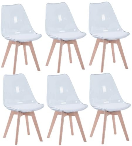 GrandCA HOME Esszimmerstuhl-Set mit 6 Stück, Transparentes Stuhl-Set mit 6 Stück, umweltfreundliches PP-Material/PU-Kissen(Weiß PU-Sitzkissen,6)