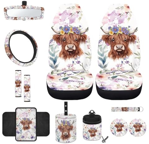 Wanyint Auto-Sitzbezug-Set mit Highland-Kuh-Blumen-Motiv, 12-teilig, mit Schalensitzbezügen, Lenkradbezug, Gurtpolster, Armlehnenbezug, Mülltonne, Lüftungsschlitztasche, Rückspiegelbezug, Untersetzer,