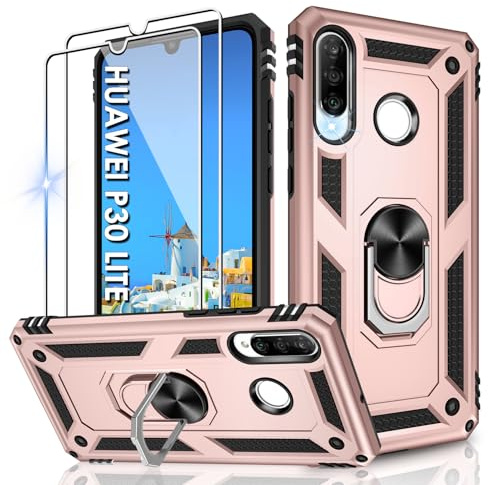 Jshru Hülle für Huawei P30 Lite Handyhülle Militärische Stoßsichere Schutzhülle mit 2 Stück Schutzfolie, mit 360° Metall Ring Ständer doppellagig Case für Huawei P30 Lite,Roségold