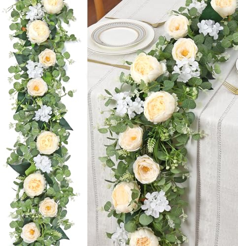 Betylifoy Eukalyptus Girlande 2 Stück Künstliche Blumengirlande 190CM | Kunstblumen Hängend Eucalyptus Deko mit Pfingstrosen Eukalyptus Grüngirlande für Haus Party Hochzeit