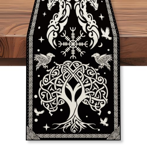 WADORN Lebensbaum Tischläufer, 30x183cm Schwarz Viking Raven Vögel Druck Dekorative Tischläufer Küche Esstisch Dekoration Vintage Küche Esstisch Dekoration für Zuhause Urlaub Party