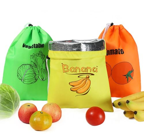 Heidouse 3Pcs Banana Bag with Drawstring, 14x11in Reusable Vegetable Fruit Storage Containers for Fridge with Foil Lining, Safe Fridge Fruit Fresh for Bananas Vegetables Tomatoes, Food Sandwich Bags