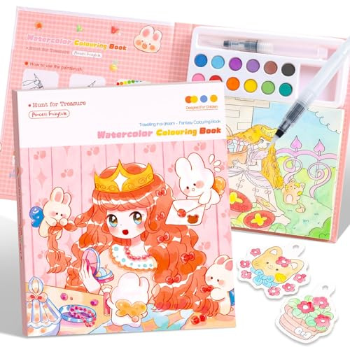 Livre de Coloriage Magique à l’Eau Princesse pour Fille 3 4 5 6 Ans,Avec 1 Pinceaux et Palette de Couleurs,Peinture Magique Sans Salissure,Activité Manuelle Créative,Cadeau Anniversaire Voyage Enfant