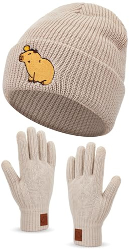 Geyoga Mütze Handschuh Set für Damen | Wintermütze Warm Strickmütze Beanie Winter Fleece Handschuhe Weihnachten Geschenk für Frauen