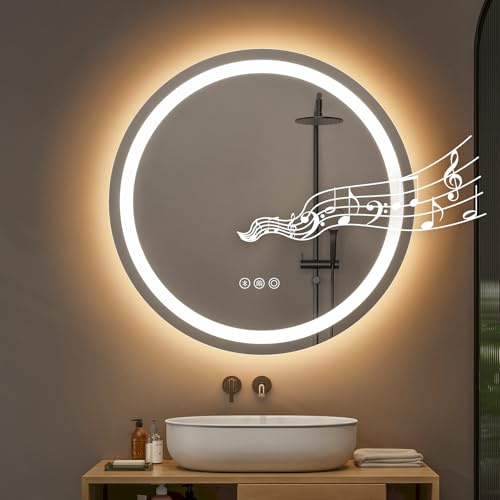 Warmiehomy Bluetooth Bathroom Mirror with LED Lights,Round 500mm LED Illuminated Bathroom Mirror 3 Colour Dimmable Lights Demister Pad Touch Switch,Aluminium Frame