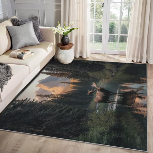 MMYAOKEN Hirsch Teppich Wohnzimmer 60x90 Elch Waldtiere Jagdmotiv Deko, Kleiner Teppich Kurzflor, Weich rutschfest Waschbare Teppiche, Fußmatte Bettvorleger Schlafzimmer Kinderzimmer