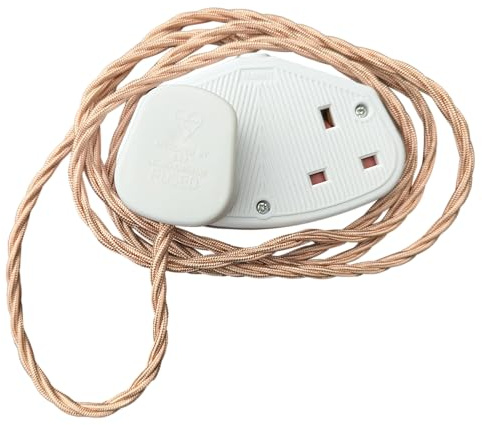 Vintage Electric Extension Leads, 13 amp rated Power Strips with 2 Way Outlets, 2 Socket Extension Cable with 2M Braided Fabric Twisted Cord for Home Office (Rose Gold (White Plug) 13A)
