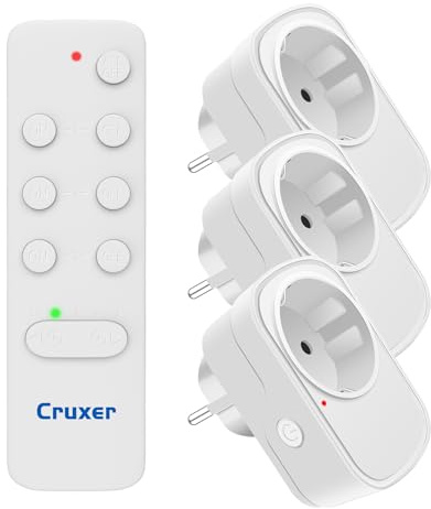 Cruxer Timer Funksteckdosen mit Fernbedienung 15A 4125W Überspannungsschutz | 50m/160ft Funkreichweite, Programmierbar, CE und RoHS Zertifiziert für Innenraum Haushaltsgeräte, 3 Steckdose 1 Fernbedienung