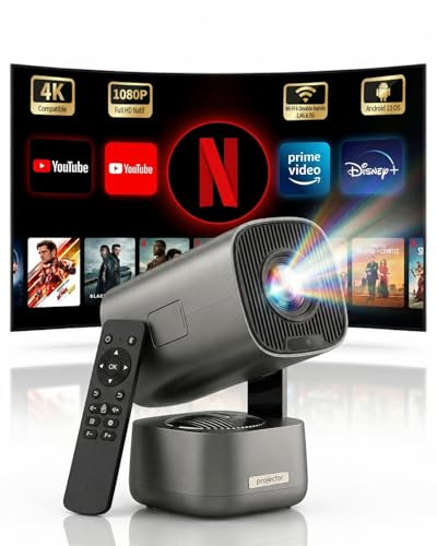 XRQ Projecteur Natif 1080p, Compatible 4K, Android 13, Mise au Point Auto | Wi-Fi 6 & Bluetooth 5.4, Correction Trapézoïdale Auto, Support Rotatif 270°, projecteur Home cinéma pour Chambre ou extérieur