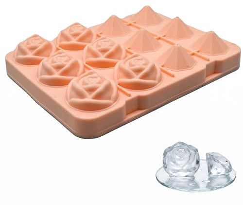 Cubitera Silicona con Formas de Rosa y Diamante, Molde Hielo Reutilizable para Cócteles, Whisky y Café, Cubiteras para Hielo Grande Decorativas, Color Rosa, 13.5x18x3.5cm