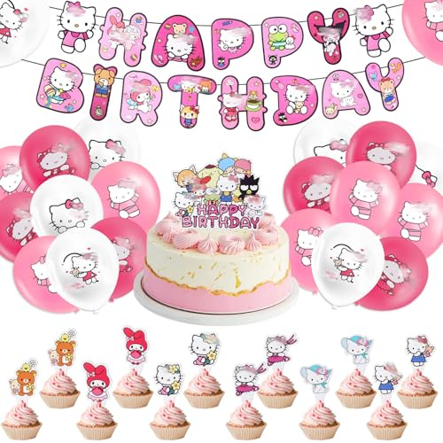 45PCS Kity Birthday Party Decorations, Cat Balloons Party Birthday Supplies with Happy Birthday Banner Cake Topper Balloon for for Girls Boys Kids