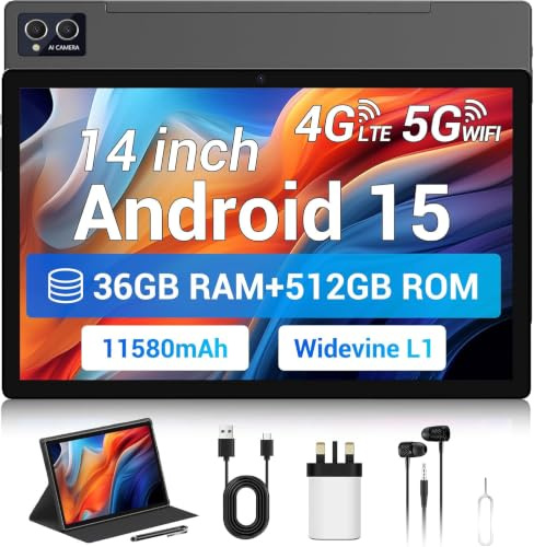 14 Inch Tablet Android 15 with SIM Card Slots, 36GB RAM+512GB ROM(TF 1TB), 4G LTE+5G WiFi, Octa-Core, 8MP+13MP, 11580mAh/Widevine L1/4 Speakers/BT5.0/18W/GPS,Tablet with Case/Stylus/Earphones,Gray