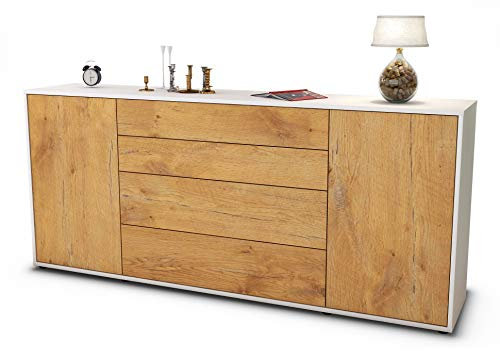 Stil.Zeit Sideboard Elettra, Korpus Weiss matt, Front Holz-Design Eiche (180x79x35cm) Push-to-Open Technik & Leichtlaufschienen