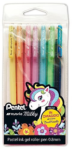 Pentel K108P Hybrid Milky Pastell-Tintentasche 6 Stück + 1 Hybrid Dual Metallic K110 gratis