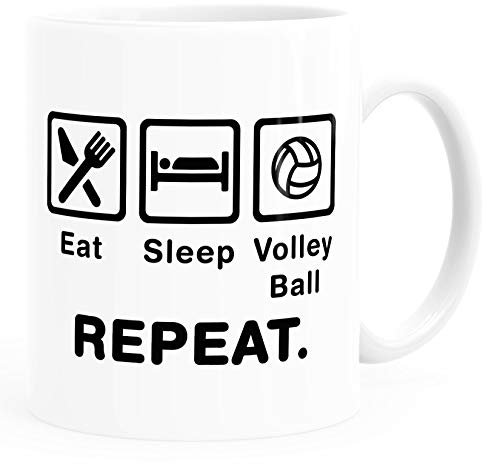 MoonWorks® Kaffee-Tasse mit Spruch Eat Sleep Repeat Mega Mix Bürotasse lustige Geschenke Kaffeebecher Volleyball weiß Keramik-Tasse
