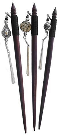 1 x Haarnadel aus Holz mit Ornamenten aus Metall, Haarschmuck, Haarstab