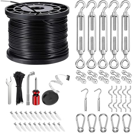 UGarden Upgraded Outdoor String Light Hanging Kit, 170ft Globe String Light Suspension Kit w/Expansion Hook, Stainless Steel 304 String Light Guide Wire, Black Guy Wire kit for Wedding Dinner Barbecue
