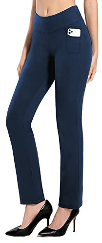 MOVE BEYOND Hose Damen High Waist mit Geradem Bein Stretch Hose Damen Für Yoga Business Sport Outdoor Training, Blau, Large
