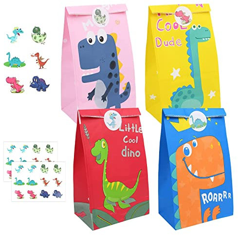 Flintronic 20 Pezzi Sacchetti Regalo di Carta, Dinosauro Caramella Sacchetto con Adesivo Dinosaur per Bambini Feste di Compleanno/Matrimoni/Mercati/Negozi/Caffè