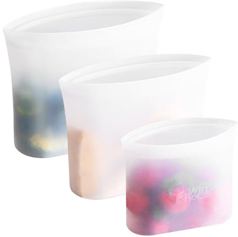 Winrock Reusable 100% Silicone Food Storage Bags, Sandwich Snack Bags New Generation Stand Up Zip Container for Soup and Leftovers, Plastice & BPA Free, Microwave Oven Safe 3 Pack (51oz, 34oz, 17oz)