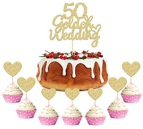 Gyufise 50th Wedding Anniversary Cake Toppers with Heart Cupcake Toppers Gold Glitter 50th Golden Weddding Anniversary Heart Cake Decoration for Celebration Party Supplies 21Pcs